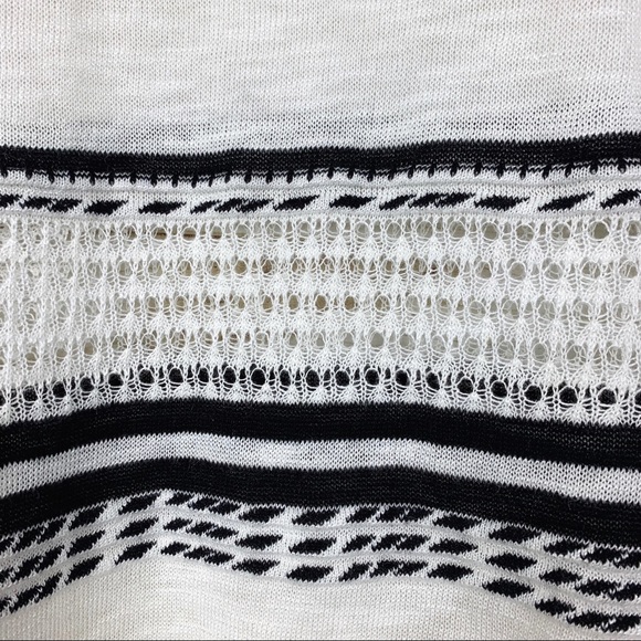 August Silk Black White Striped V Neck Fringe Semi Sheer Pullover Sweater Medium - Picture 12 of 15